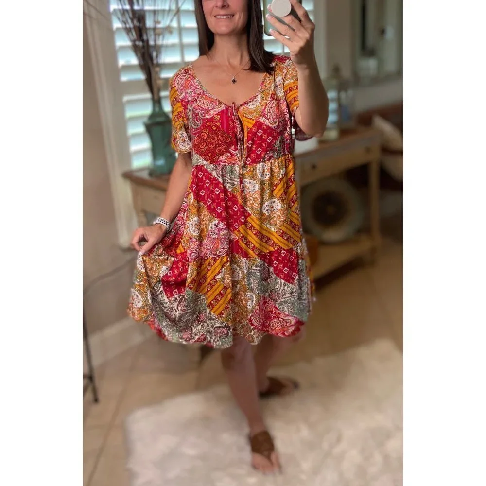 Boho Patchwork Floral V Neck Tie Keyhole Babydoll Chic Dress Red 1821